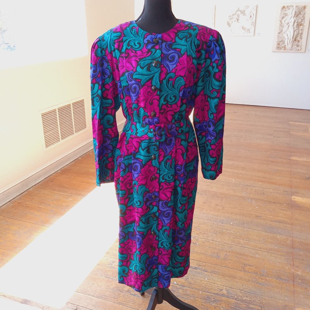 Vintage silk Button-Front floral midi dress with matching belt